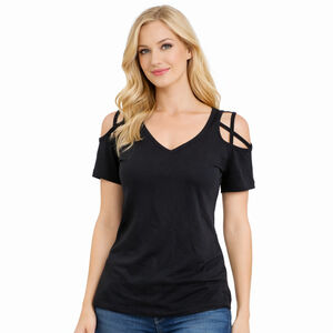 Women’s Deep V-Neck Short Sleeve Cold Shoulder Top – Black – Size S – NWT